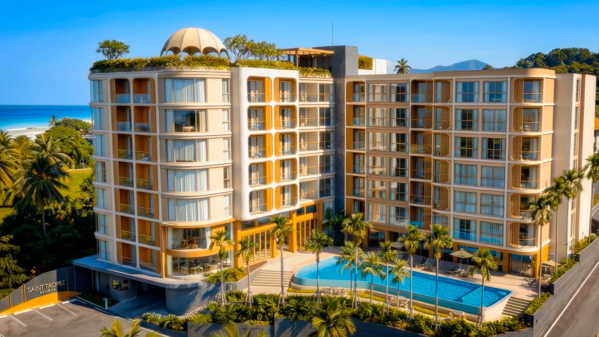 Saint Tropez Naithon — facade and 25-metre pool at golden hour