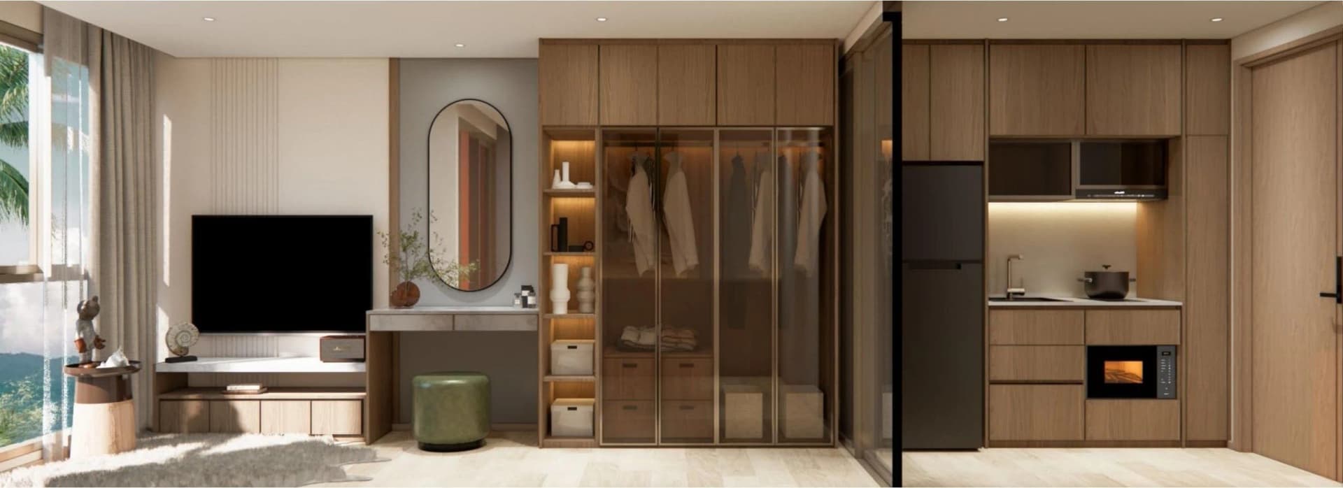 Studio — living zone with wardrobe and kitchen line