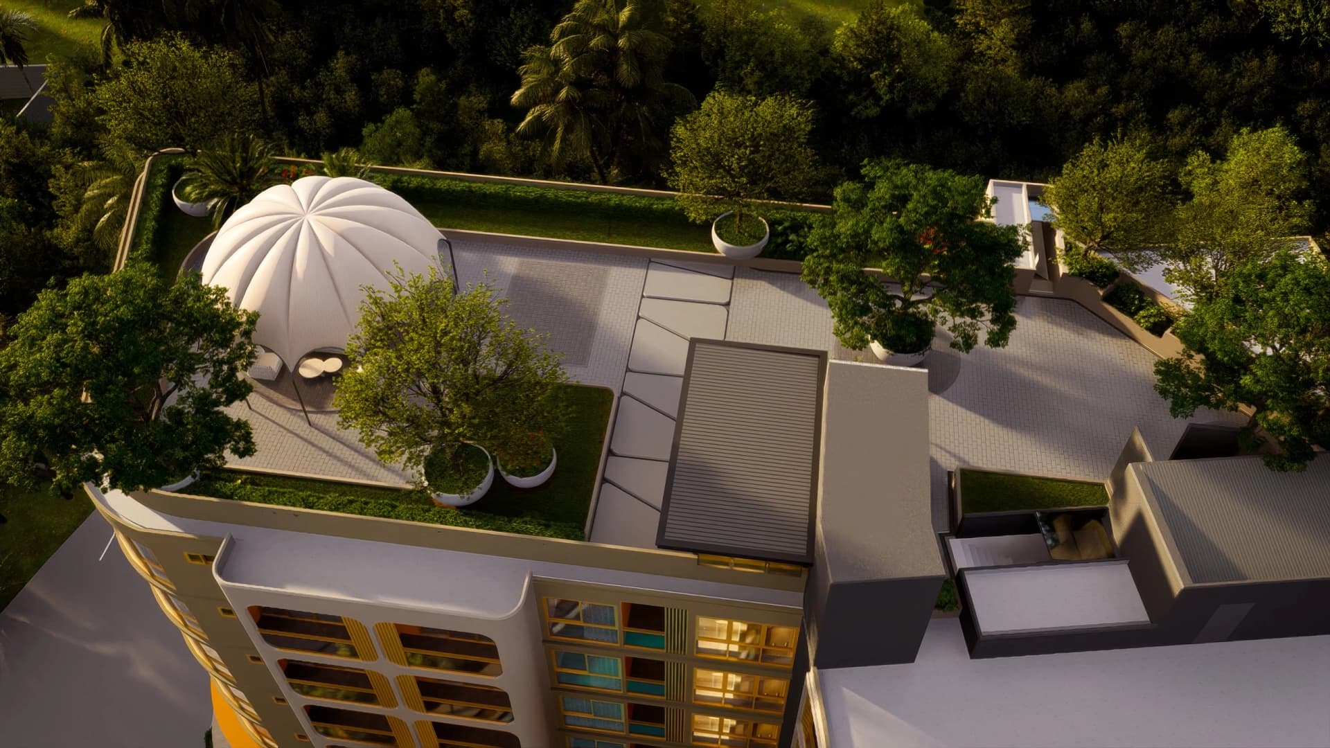 Rooftop garden with domed pavilion at dusk